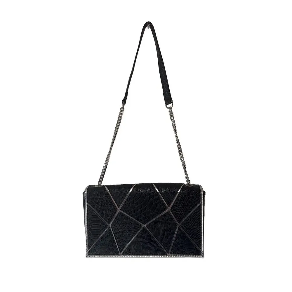 Yaumi K Black Faux Snakeskin Geometric Silver Chain Shoulder Bag 13”